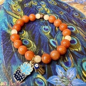 Handmade Stretchy Bracelet Natural Stone Charm Cactus / Hamsa NWT